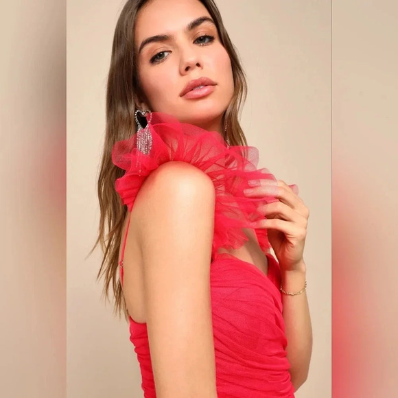 Lulus Fabulous Poise Bright Red Tulle Ruffled Tiered Maxi Dress Party Prom - Picture 4 of 11